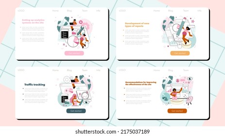Website analyst web banner or landing page set. Web page analysis and optimization for business promotion. Data for SEO, website effectiveness improvement. Flat vector illustration