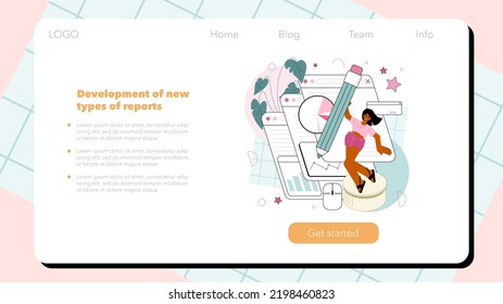 Analista de sitios web banner o página de inicio. Análisis y optimización de páginas Web para la promoción de negocios. Datos para SEO, mejora de la efectividad del sitio web. Ilustración vectorial plana