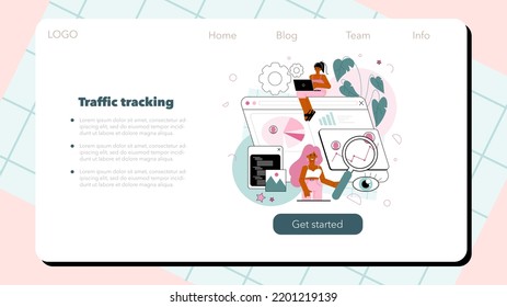 Website analyst web banner or landing page. Web page analysis and optimization for business promotion. Data for SEO, website effectiveness improvement. Flat vector illustration