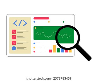 Website analytics dashboard with magnifying glass in flat vector illustration symbolizing SEO, data tracking, digital marketing, and web optimization, isolated on white background.