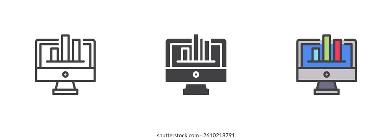 Website Analytics different style icon set. Line, glyph and filled outline colorful version, outline and filled vector sign. Computer monitor displaying a bar chart symbol, logo illustration