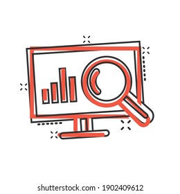 Website analytics icon in comic style. SEO data cartoon vector illustration on white isolated background. Computer diagram splash effect business concept.