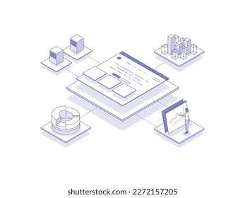 Website analytics Isometric Illustration Lineal Color. Suitable for Mobile App, Website, Banner, Diagrams, Presentation, and Other Graphic Assets.