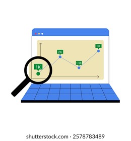 Website Analytics With Magnifying Glass On Growth Chart In Flat Vector Illustration Symbolizing Data Analysis, Search Engine Optimization, And Digital Marketing, Isolated On White Background