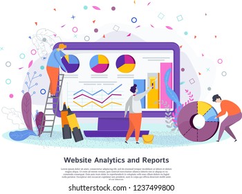 Website analytics reports concept. Group of people develop infographics with report on work of Internet site. Data analys and report for optimize work on the web. Flat vector illustration.