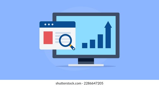 Website analytics software, Digital marketing strategy analysis, Website traffic growth, Search optimization - flat design vector illustration on isolated background