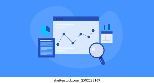 Informe de generación de software de análisis de Sitios web, Crecimiento de Sitios web, Análisis de tráfico y SEO, Conversión de negocios a través del Sitio web, Marketing digital - Ilustración vectorial con íconos