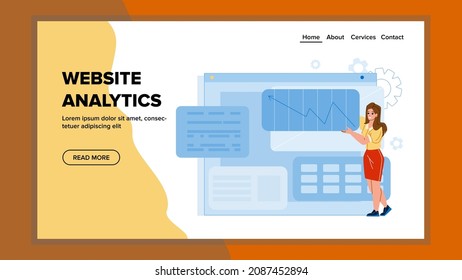 Analítica de sitios web Gestor de Vector de Ocupación. Analítica De Sitios Web Empresariales E Infografía De Investigación. Ilustración de caricaturas planas de sitios web de análisis de guion web de Character Girl