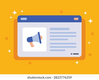 Website announcement illustration featuring browser window and megaphone representing digital marketing online communication promotional campaigns content updates and modern web interface graphic resources