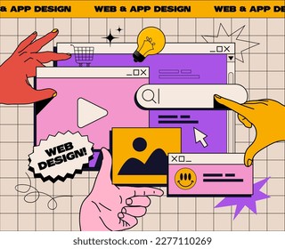 Website or APP design banner concept advertisement in retro style with hands working on ui ux design or mobile application. Studio or agency prototyping or coding web page or mobile app. svg