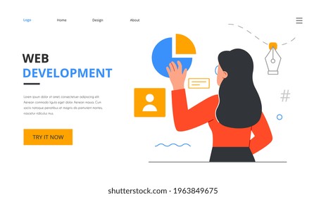 Website and app design development. Creative flat design for web banner, marketing material, business presentation, online advertising. Flat cartoon vector illustration. Website landing page template