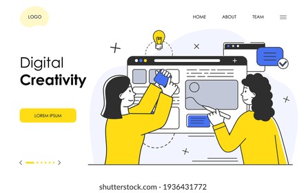 website and app design and development. Flat abstract metaphor outline cartoon vector illustration concept. Simple line art on isolated white background. web page, landing page, ui template design.