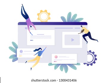 Website and App Development - People Constructing and Creating a Website. Modern Flat Vector Illustration Flow Concept For Web Banner, Website, Flyer, Card, Presentation. Isolated on White