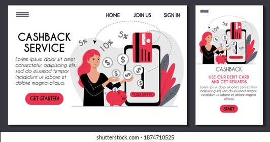 Plantilla de sitio web y aplicación para el servicio de devolución de efectivo en línea. Mujer joven pagando con tarjeta de crédito y aplicación móvil. Ahorrar dinero recibiendo recompensa. Ilustración moderna de concepto plano para la página de aterrizaje ui ux.
