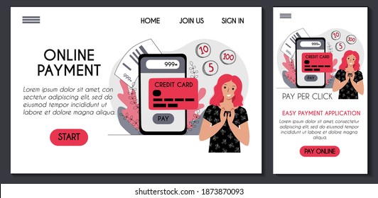 Website and app template for online payment application. Young woman happy to pay for goods with credit cart and smartphone. Pay per click. Stock vector flat concept illustration for landing page.