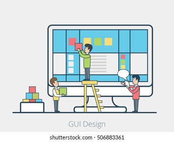 Website app theme UI/UX GUI interface customization. Linear Flat micro people team fixing blocks on monitor screen, leader managing process vector illustration. User interface development concept.