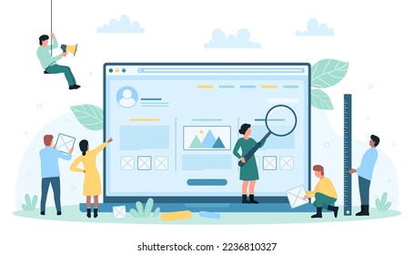 Website, app wireframe creation vector illustration. Cartoon tiny people create application UI, characters construct and develop graphic design of web project mockup in online editor on laptop desktop