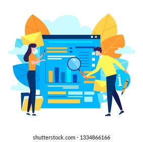 Website, application coding or information searching concept. Man and woman standing near web page. Poster for web page, banner, social media, presentation. Flat design vector illustration