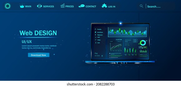 The website of the application. Creating a mobile application. User experience. Various UI, UX, graphical interfaces of the laptop screen of modern infographics. Web design and analysis. Vector