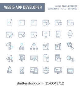 Website & application Developer - simple outline icon set. Editable strokes and Layered (each icon is on its own layer with proper name) to enhance your design workflow.