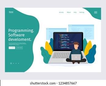 Website and application development. Landing page template programming, coding and software concept. Vector modern 3d isometric illustration.