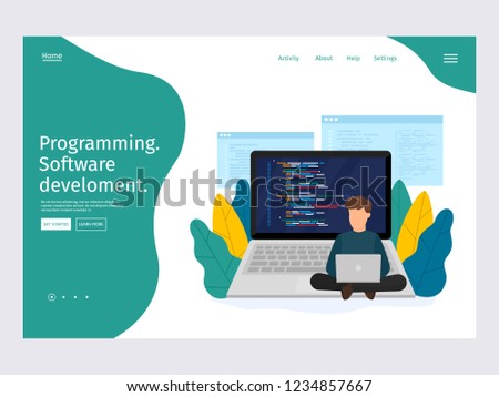 Website and application development. Landing page template programming, coding and software concept. Vector modern 3d isometric illustration.