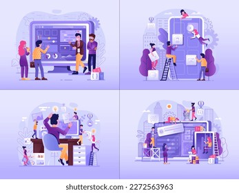 Website and application development UI illustrations in gradient design. Mobile app building and upgrading scenes. Web design process with team of people developing and making code.