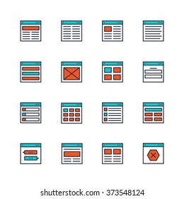 Website or application wireframe template and design layout colored icons in thin line style