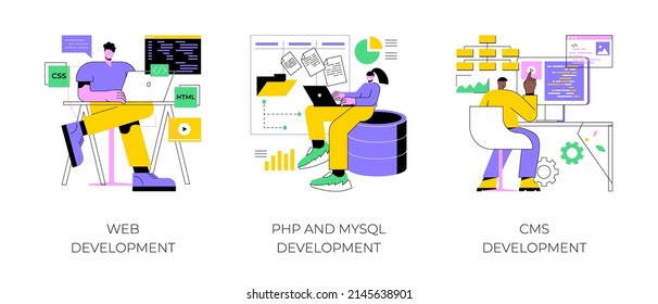 Website architecture abstract concept vector illustration set. Web development, PHP and MySql, CMS content management system, interface design, software testing, application coding abstract metaphor.