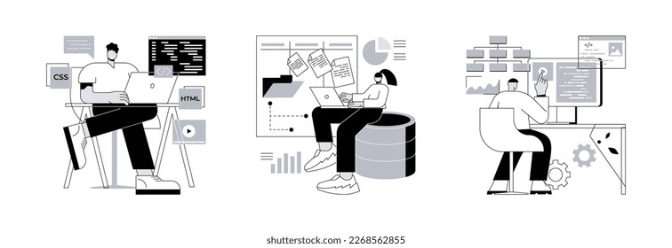 Website architecture abstract concept vector illustration set. Web development, PHP and MySql, CMS content management system, interface design, software testing, application coding abstract metaphor.