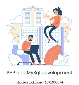 Website architecture concept. PHP and MySql. CMS content management system. Web development. Software testing. Interface design,  Graphic elements set. Vector illustration in flat style.