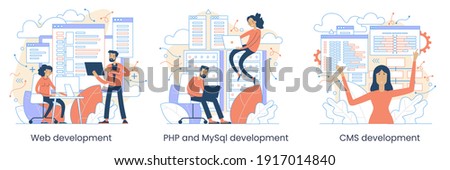 Website architecture concept. PHP and MySql. CMS content management system. Web development. Software testing. Interface design,  Graphic elements set. Vector illustration in flat style.