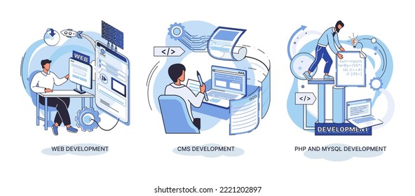 Website architecture concepts metaphor. Web development, PHP and MySQL, CMS, interface design, software testing. Creation digital Software mobile, desktop platforms. Digital content management system