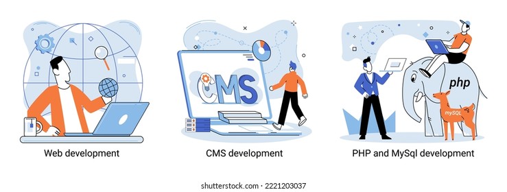 Website architecture concepts metaphor. Web development, PHP and MySQL, CMS, interface design, software testing. Creation digital Software mobile, desktop platforms. Digital content management system