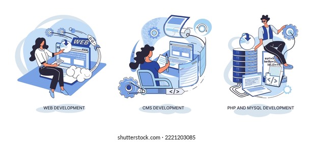 Website architecture concepts metaphor. Web development, PHP and MySQL, CMS, interface design, software testing. Creation digital Software mobile, desktop platforms. Digital content management system