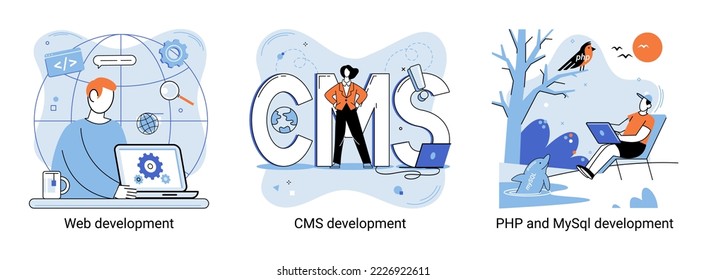 Website architecture concepts metaphor. Web development, PHP and MySQL, CMS, interface design, software testing. Creation digital Software mobile, desktop platforms. Digital content management system