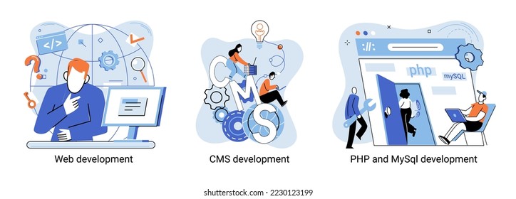 Website architecture concepts metaphor. Web development, PHP and MySQL, CMS, interface design, software testing. Creation digital Software mobile, desktop platforms. Digital content management system