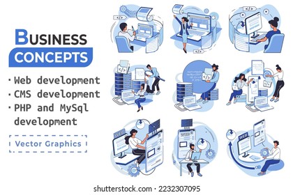 Metapher der Website-Architektur. Webentwicklung, PHP und MySQL, CMS, Schnittstellendesign, Softwaretest. Erstellen Sie digitale Software mobile, Desktop-Plattformen. Digital-Content-Management-System
