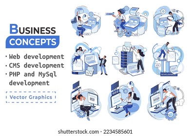 Website architecture concepts metaphor. Web development, PHP and MySQL, CMS, interface design, software testing. Creation digital Software mobile, desktop platforms. Digital content management system