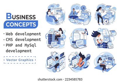 Website architecture concepts metaphor. Web development, PHP and MySQL, CMS, interface design, software testing. Creation digital Software mobile, desktop platforms. Digital content management system