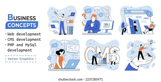 Website architecture concepts metaphor. Web development, PHP and MySQL, CMS, interface design, software testing. Creation digital Software mobile, desktop platforms. Digital content management system