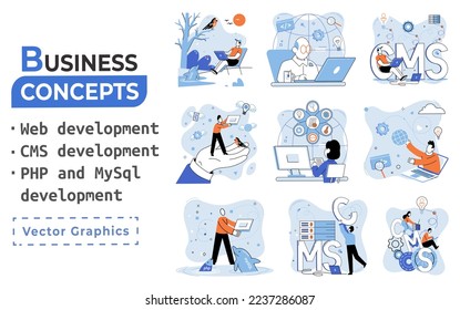 Website architecture concepts metaphor. Web development, PHP and MySQL, CMS, interface design, software testing. Creation digital Software mobile, desktop platforms. Digital content management system