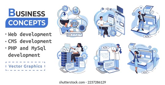Metáfora de conceptos de arquitectura de sitios web. Desarrollo web, PHP y MySQL, CMS, diseño de interfaz, pruebas de software. Creación de software digital móvil, plataformas de escritorio. Sistema de administración de contenido digital