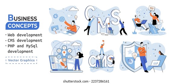 Website architecture concepts metaphor. Web development, PHP and MySQL, CMS, interface design, software testing. Creation digital Software mobile, desktop platforms. Digital content management system