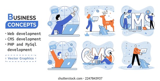 Metáfora de conceptos de arquitectura de sitios web. Desarrollo web, PHP y MySQL, CMS, diseño de interfaz, pruebas de software. Creación de software digital móvil, plataformas de escritorio. Sistema de administración de contenido digital