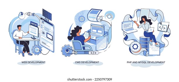 Website architecture concepts metaphor. Web development, PHP and MySQL, CMS, interface design, software testing. Creation digital Software mobile, desktop platforms. Digital content management system