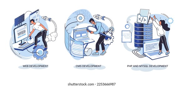 Website architecture concepts metaphor. Web development, PHP and MySQL, CMS, interface design, software testing. Creation digital Software mobile, desktop platforms. Digital content management system