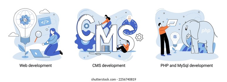 Website architecture concepts metaphor. Web development, PHP and MySQL, CMS, interface design, software testing. Creation digital Software mobile, desktop platforms. Digital content management system
