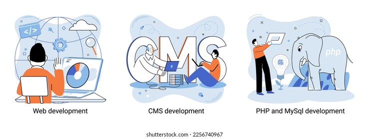 Website architecture concepts metaphor. Web development, PHP and MySQL, CMS, interface design, software testing. Creation digital Software mobile, desktop platforms. Digital content management system