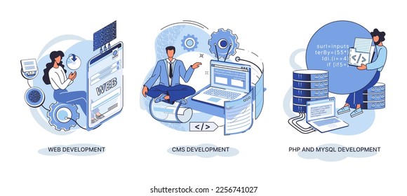 Website architecture concepts metaphor. Web development, PHP and MySQL, CMS, interface design, software testing. Creation digital Software mobile, desktop platforms. Digital content management system